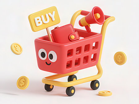 Shopping cart with money and speaker on white background. 3d illustrationの写真素材
