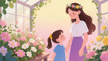 Mother and daughter in flower garden. Vector illustration in cartoon style.の写真素材
