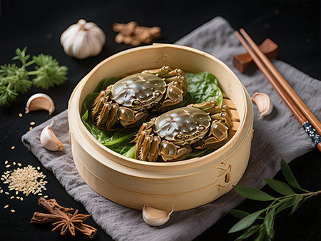 Chinese steamed dumpling in bamboo steamer on black backgroundの写真素材