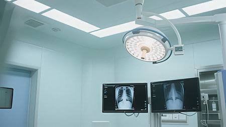 Interior of operating room with surgery equipment. Modern medical background. 3D rendering