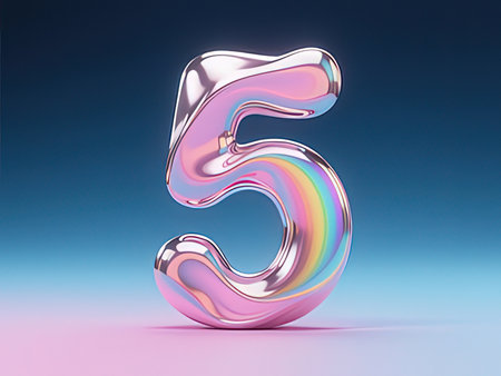 Glossy pink number 5 on blue background. 3d renderingの写真素材