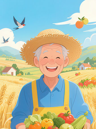 Vector illustration of happy senior farmer with harvest of vegetables in the fieldの写真素材
