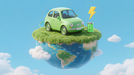Green electric car with battery on the green planet. 3d renderの写真素材