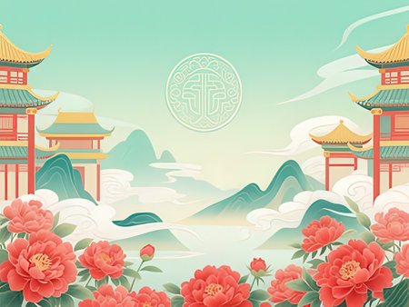 Chinese New Year background with red peony and pagoda. Vector illustration.の写真素材
