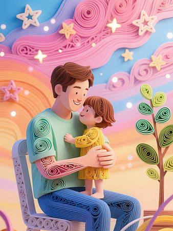 Father and daughter hugging on the background of the rainbow. Vector illustration.の写真素材
