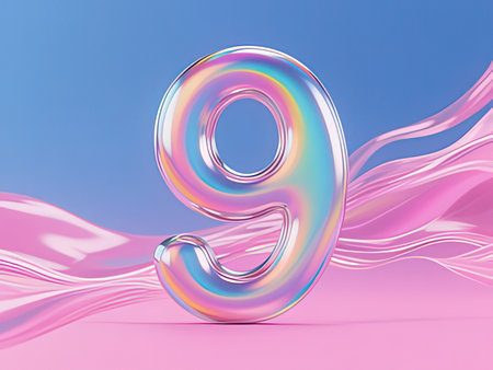 3d illustration of metallic number 9 in pink and blue colors on blue backgroundの写真素材