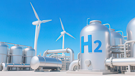 H2O or H2O gas station and wind turbines on blue sky backgroundの写真素材