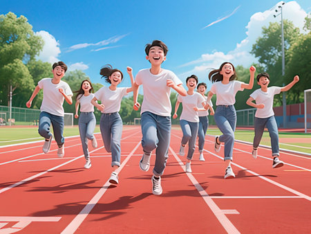 A group of asian teenagers running together on the stadium track.
