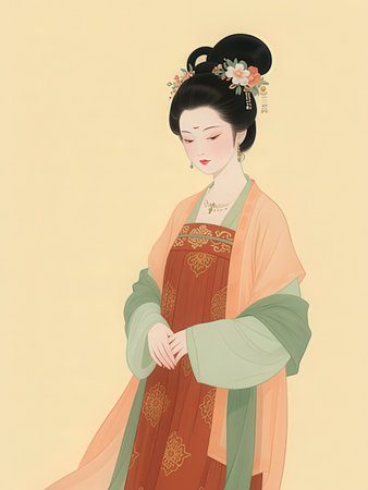 Illustration of a Japanese geisha with traditional kimono.の写真素材