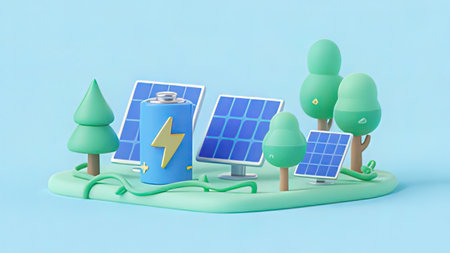 3d rendering of solar panels and trees on the ground in blue backgroundの写真素材
