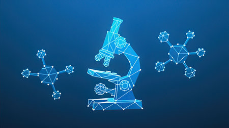 Microscope and DNA molecule. Polygonal wireframe illustration on blue background