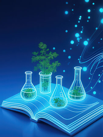 science laboratory test tubes with green plant in book, 3d renderの写真素材