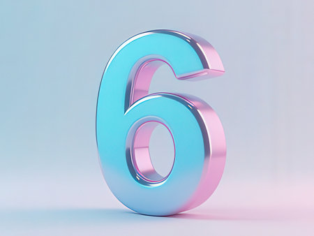 Blue number 6 on white background. 3d rendered glossy metallic font character.