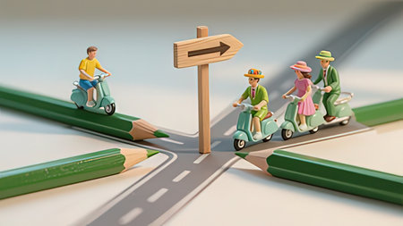 Miniature people on scooter with wooden signpost. 3d illustration.の写真素材