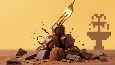 Chocolate candies with fork. 3d illustration. Copy space.