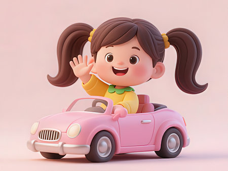 3D Render of Cartoon Girl driving a pink car on pink backgroundの写真素材