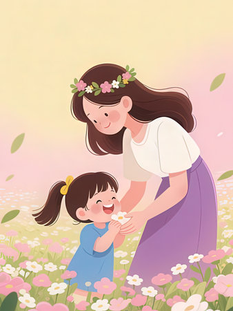 Mother and daughter playing in the meadow with flowers. Vector illustration.の写真素材