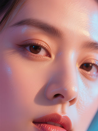 close up of beautiful young woman with vitiligo in neon lightの写真素材