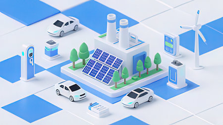 Electric car charging station with solar panels. 3d isometric vector illustration.