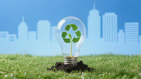 Lightbulb with green recycle symbol on grass, environmental conservation conceptの写真素材