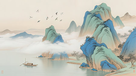 Fantasy Landscape with Mountain and Boat. Digital Illustration.の写真素材