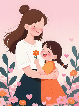 Mother and daughter together with flowers in the garden. Vector illustration.の写真素材