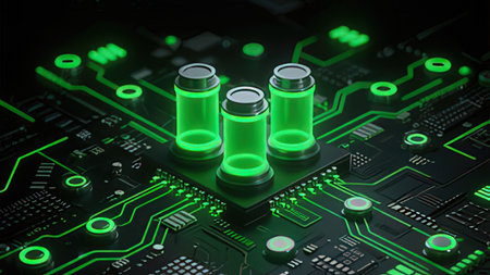Electronic circuit board with green batteries, 3D rendering illustration.の写真素材