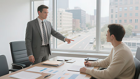 Businessman pointing at a document with a colleague in the background.の写真素材