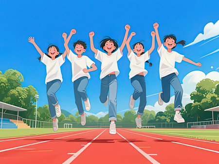 Group of happy asian teenagers jumping on running track. Vector illustration