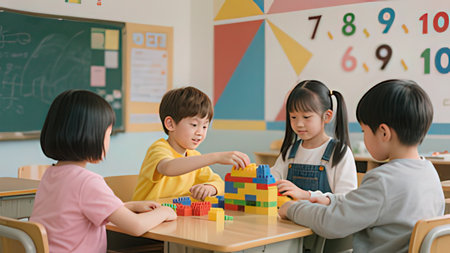 Group of asian elementary school kids playing with building blocks in classroom