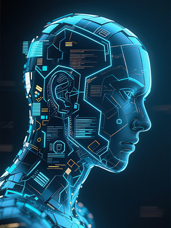 3d rendering cyborg head with HUD interface on dark blue backgroundの写真素材