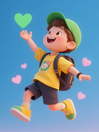 3d illustration of a cute little boy jumping with a green heart