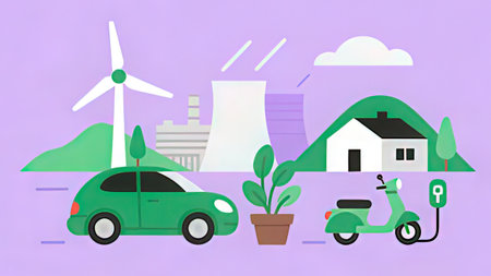 Green eco friendly city with wind turbines, car, house and motorbike. Vector illustrationの写真素材