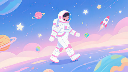 Astronaut in outer space, cartoon vector illustration. Cosmonaut in spacesuit on planet background.の写真素材