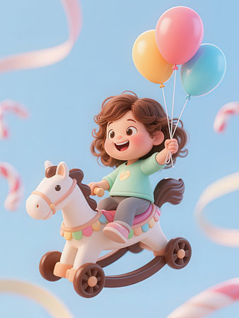 Happy little girl riding a horse with balloons and streamers. 3d renderingの写真素材