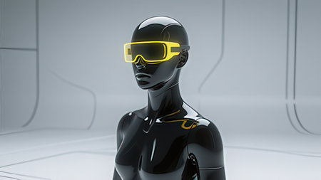 3d rendering of a female robot with virtual reality goggles on a white background