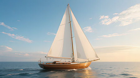 Sailing yacht in the sea at sunset. 3d illustration.の写真素材