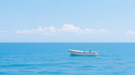 White boat in the sea with blue sky and white clouds background.の写真素材