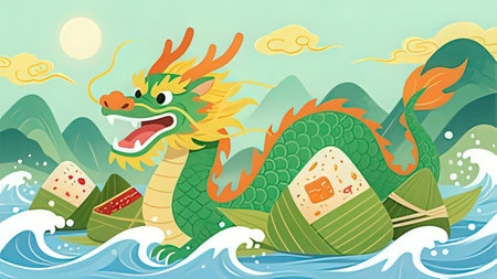 Dragon boat in the sea. Dragon boat festival. Vector illustration.の写真素材