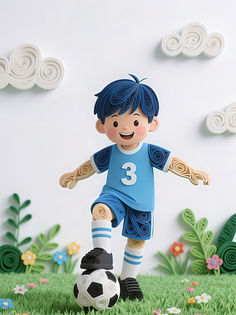 3d illustration of a cute boy playing soccer on the grass.