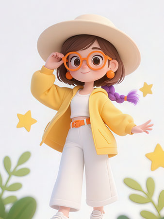 3d render of cute little girl wearing yellow coat, hat and glasses