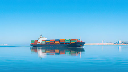 Cargo ship in the sea on blue sky background. Freight transportation.