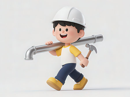 3d illustration of a boy carrying a big pipe and a hammerの写真素材