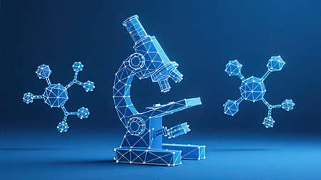 Microscope and molecular structure on blue background. 3d illustration.の写真素材