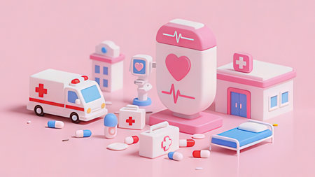 First aid kit on a pink background. 3d rendering, 3d illustration.の写真素材