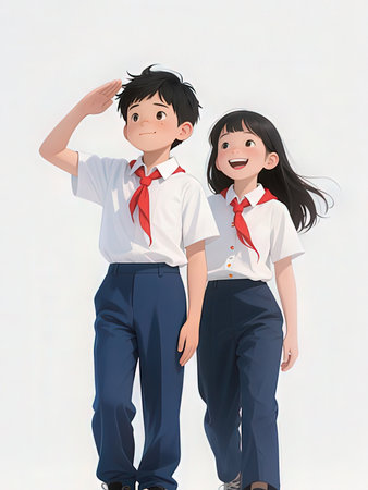 Happy asian boy and girl in school uniform on white background.の写真素材