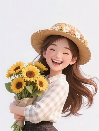 Happy asian woman holding sunflower bouquet on white background.の写真素材