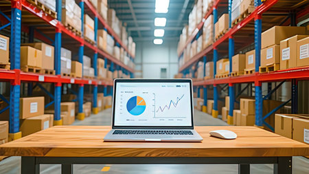 Laptop with stock market data on screen in warehouse. This is a freight transportation and...