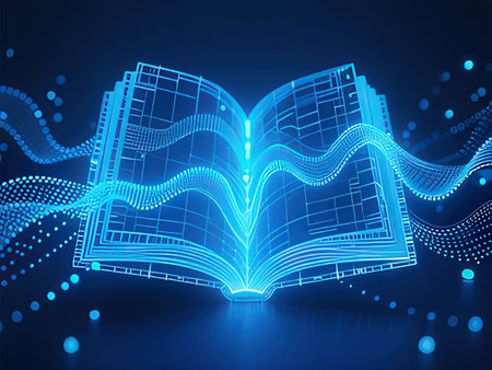 Glowing open book with glowing lines and dots. Vector illustration.の写真素材