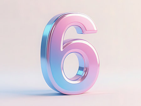 Metallic number 6 on white background. 3d rendered glossy metallic font character.の写真素材